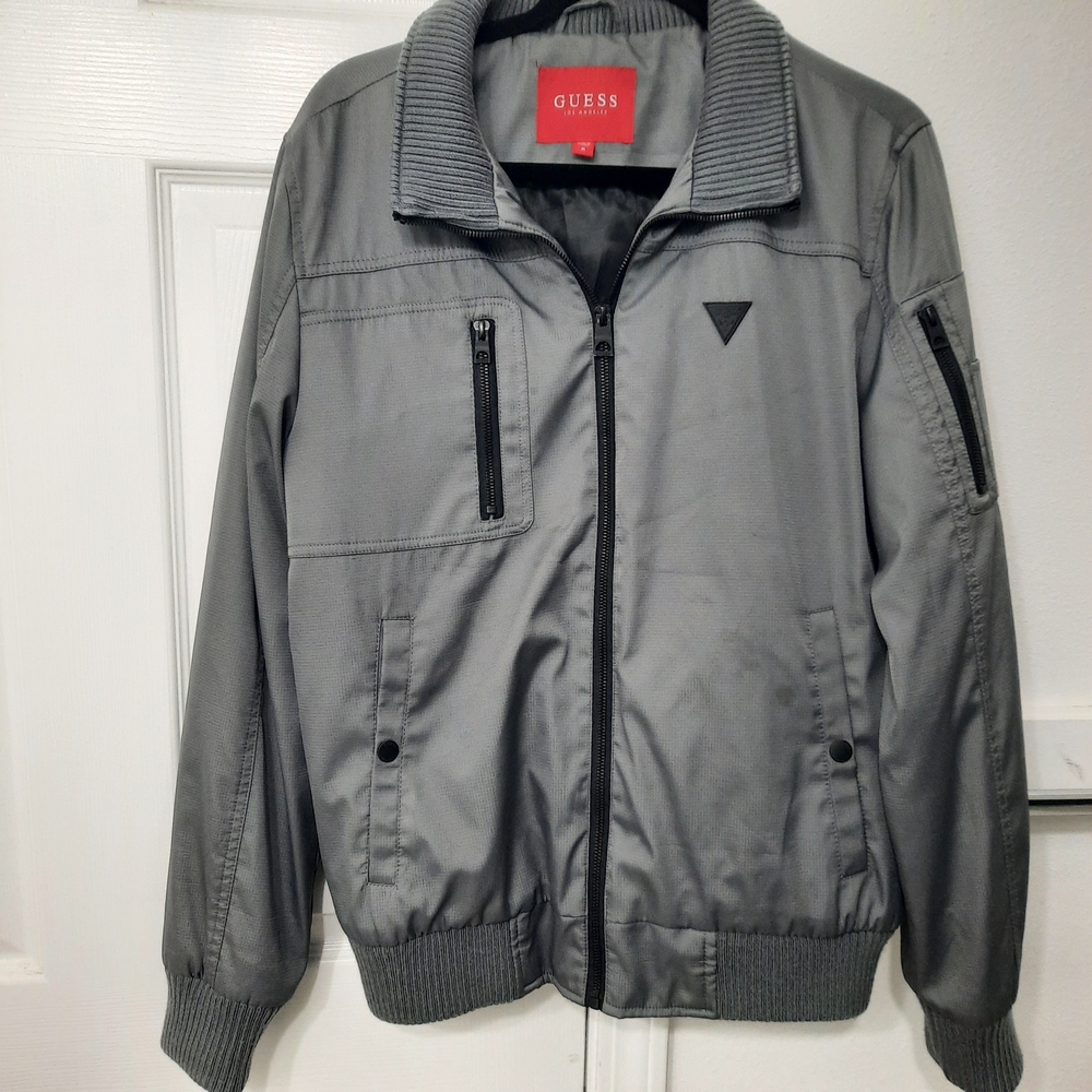 GUESS Gray Bomber Jacket Men’s | Lightweight Streetwear Layer Size Medium